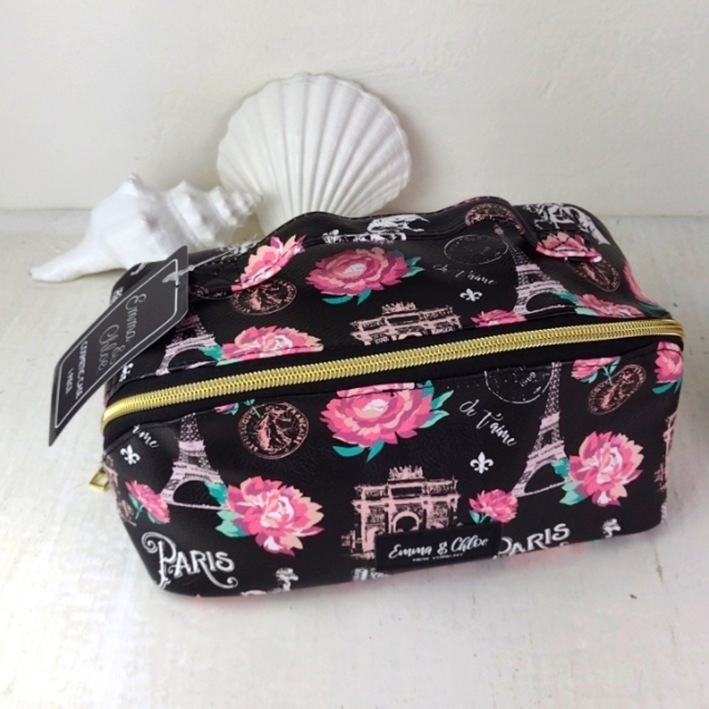 Emma & Chloe Black & Pink Floral & Paris Themed Women's Make-up Bag NWT